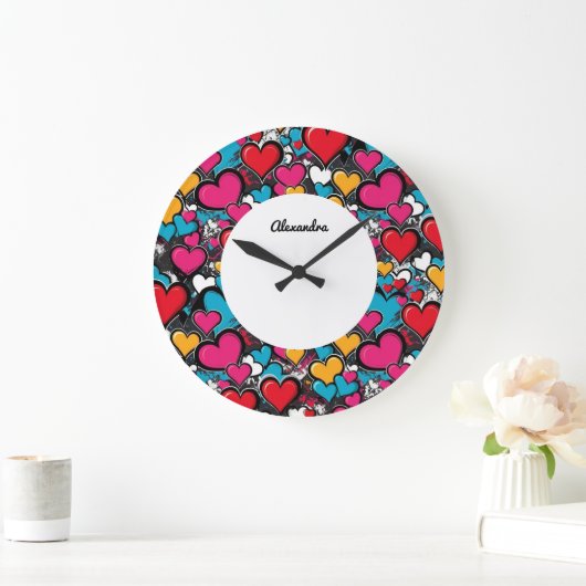 Personalized Graffiti Hearts Colorful Wall Clock ラージ壁時計 (ホーム)