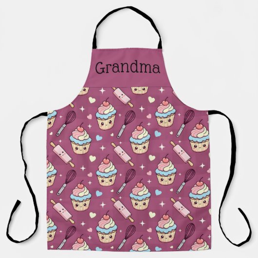 Personalized Grandma Apron Kawaii Pink BlueCupcake エプロン (正面)