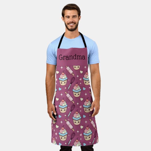 Personalized Grandma Apron Kawaii Pink BlueCupcake エプロン (着用した状態)