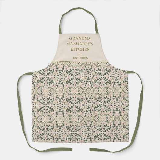 Personalized Grandma Kitchen Gift Botanical Green エプロン (正面)