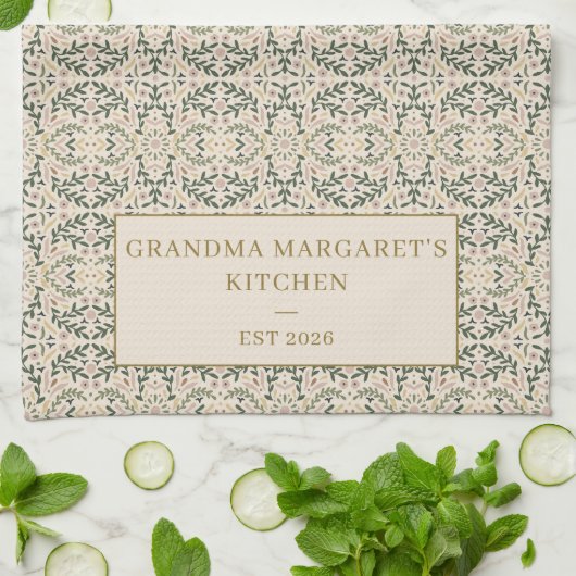 Personalized Grandma Kitchen Gift Botanical Green キッチンタオル (折り畳み)