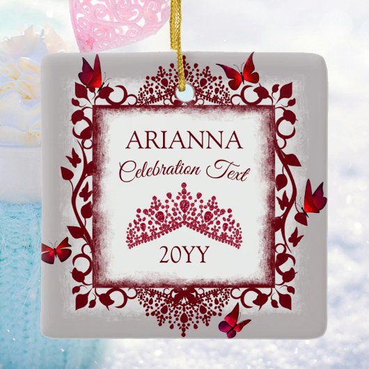 Personalized Gray, Burgundy Red Tiara, Butterfly セラミックオーナメント