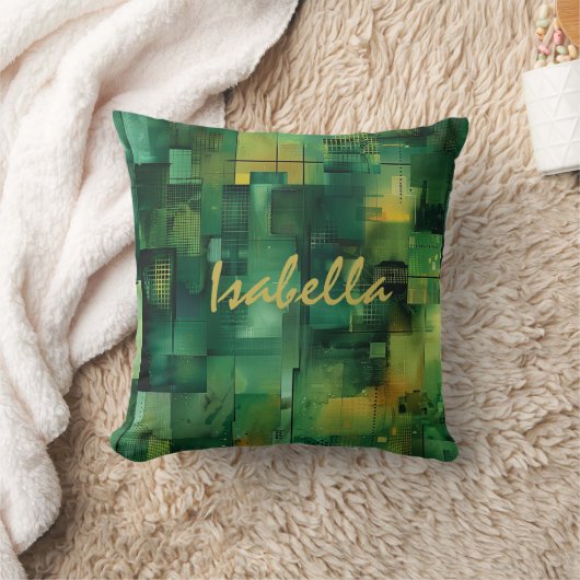 Personalized Green Abstract Name Pillow クッション (ブランケット)