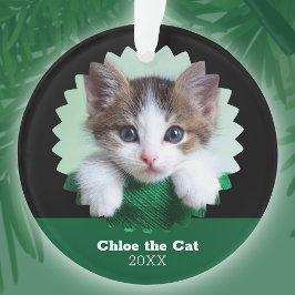 Personalized Green and Black Photo of Cat on オーナメント