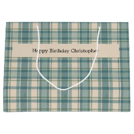 Personalized Green Blue Beige Plaid Men's Birthday ラージペーパーバッグ