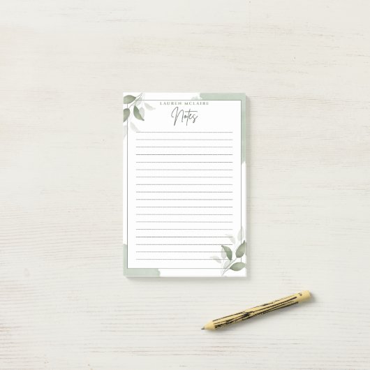 Personalized Green Botanical Lined Post-It® Notes ポストイット (デスク上)