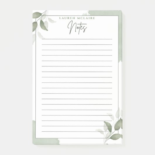 Personalized Green Botanical Lined Post-It® Notes ポストイット (正面)