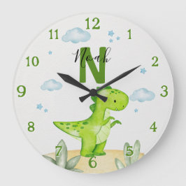 Personalized Green Dinosaur Nursery Large Clock ラージ壁時計