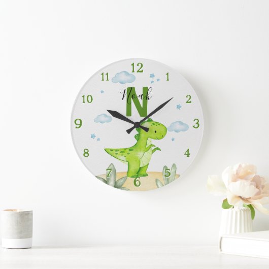 Personalized Green Dinosaur Nursery Large Clock ラージ壁時計 (ホーム)