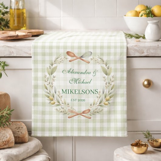Personalized Green Gingham Newlywed Wedding キッチンタオル