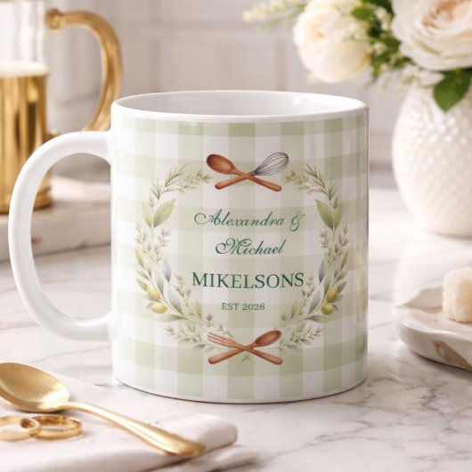 Personalized Green Gingham Newlywed Wedding コーヒーマグカップ