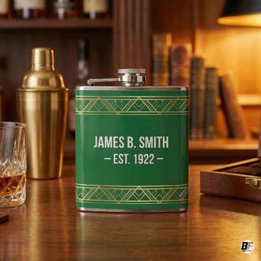 Personalized Green & Gold Art Deco Custom Text Vin フラスク