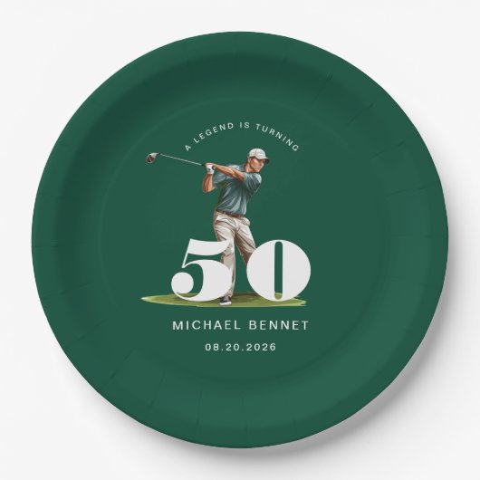 Personalized Green Golf 50th Birthday ペーパープレート (正面)