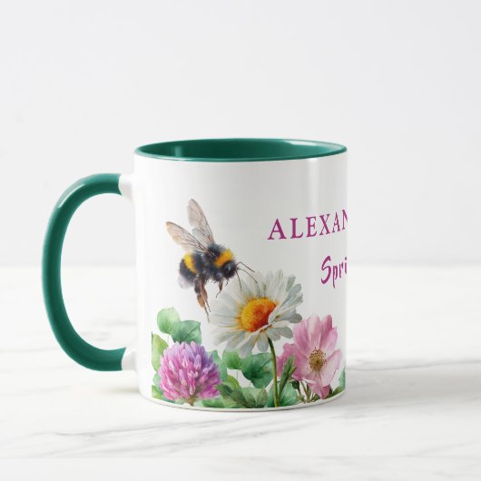 Personalized Green Watercolor Bee Spring Vibes マグカップ (左)