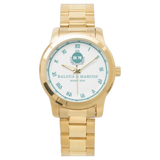 Personalized Green & White Monogram Couple’s Name  腕時計 (正面)