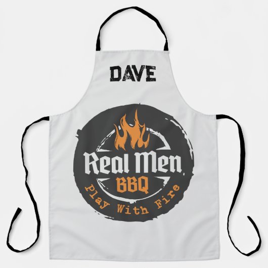 Personalized Grey Flames Real Men BBQ Grill エプロン (正面)