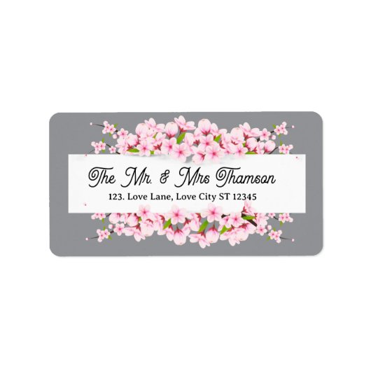 Personalized Grey & Pink Cherry Blossom Wedding ラベル (正面)