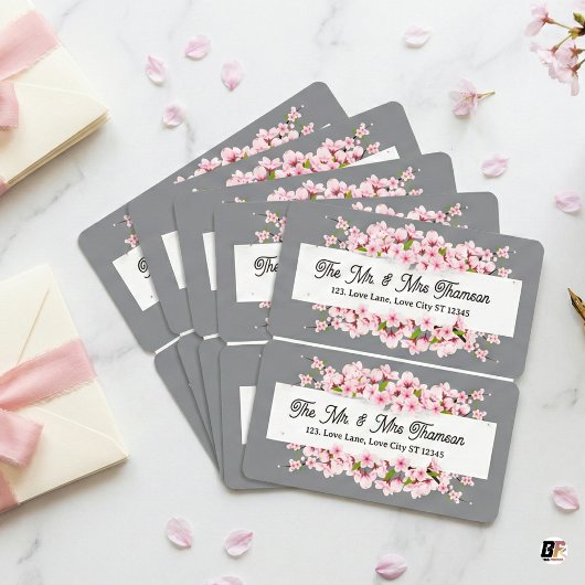 Personalized Grey & Pink Cherry Blossom Wedding ラベル