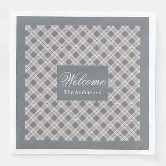 Personalized Grey Plaid Napkins Chic Table Style (正面)