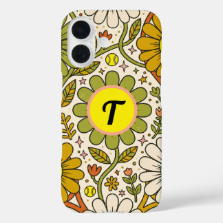 Personalized Groovy Floral Tennis Monogram iPhone 16ケース