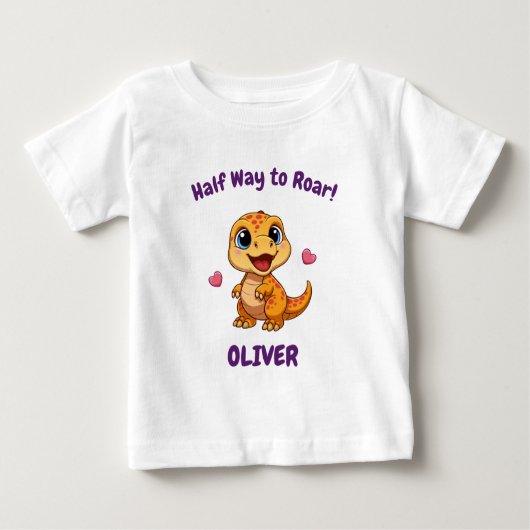 Personalized Halfway to One Dinosaur 6 Month ベビーTシャツ (正面)