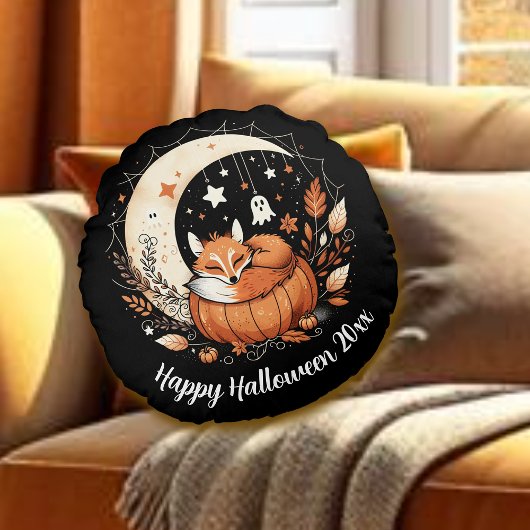 Personalized Halloween Fox and Ghost Round Pillow ラウンドクッション