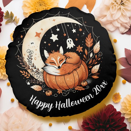 Personalized Halloween Fox and Ghost Round Pillow ラウンドクッション