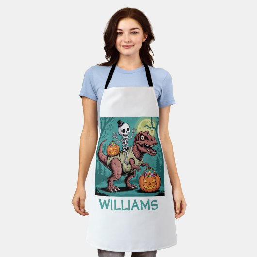 Personalized Halloween Skeleton Riding Dinosaur エプロン (着用した状態)