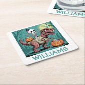 Personalized Halloween Skeleton Riding Dinosaur スクエアペーパーコースター (アングル)