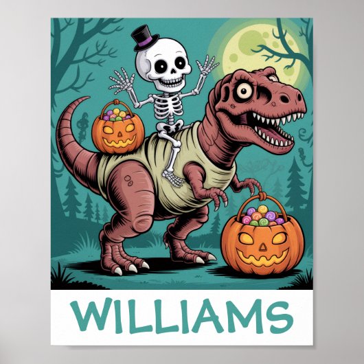 Personalized Halloween Skeleton Riding Dinosaur ポスター (正面)