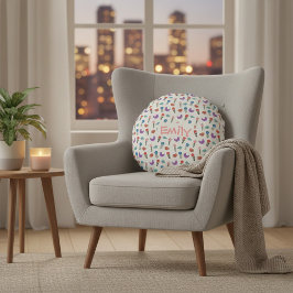 Personalized Hand-Drawn Folk Art Floral  ラウンドクッション