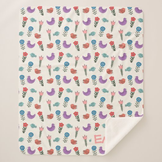 Personalized Hand-Drawn Folk Art Floral Kids Blank シェルパブランケット (正面)
