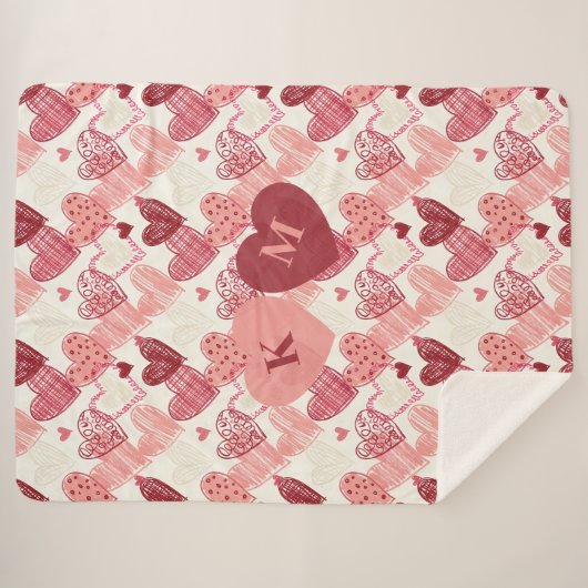Personalized Hand Drawn Hearts Pattern シェルパブランケット (正面(横))