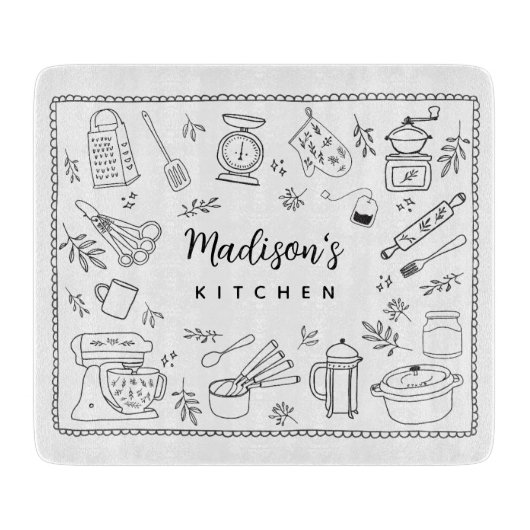 Personalized Hand Drawn Kitchen Cooking Utensils カッティングボード (正面)