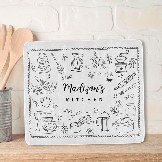 Personalized Hand Drawn Kitchen Cooking Utensils  カッティングボード