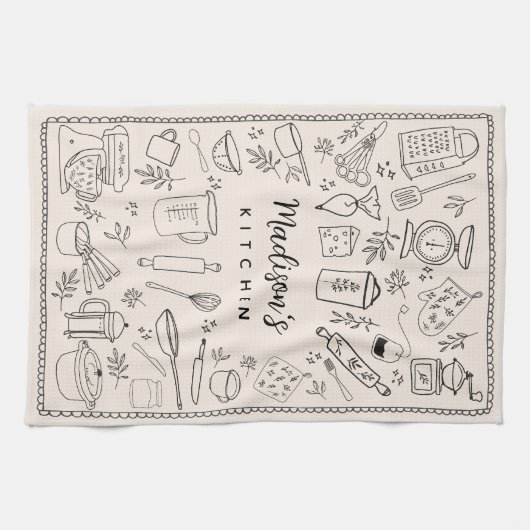 Personalized Hand Drawn Kitchen Cooking Utensils  キッチンタオル (横)