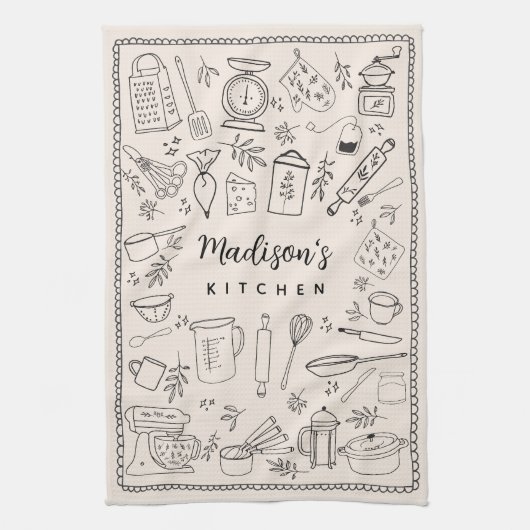 Personalized Hand Drawn Kitchen Cooking Utensils キッチンタオル (縦)