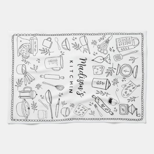 Personalized Hand Drawn Kitchen Cooking Utensils  キッチンタオル (横)