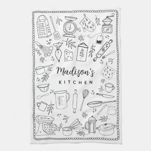 Personalized Hand Drawn Kitchen Cooking Utensils キッチンタオル (縦)