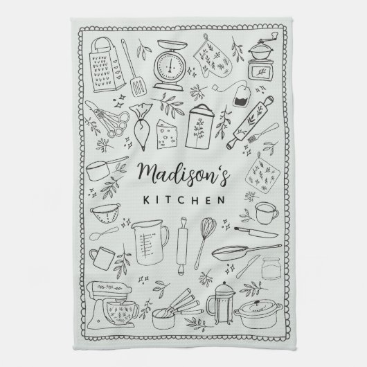 Personalized Hand Drawn Kitchen Cooking Utensils キッチンタオル (縦)