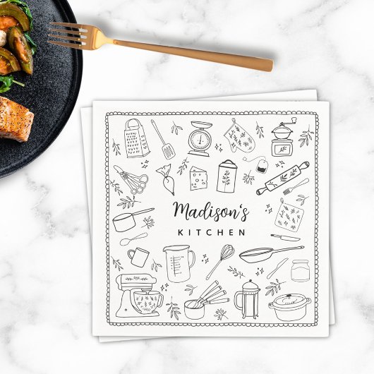 Personalized Hand Drawn Kitchen Cooking Utensils スタンダードカクテルナプキン