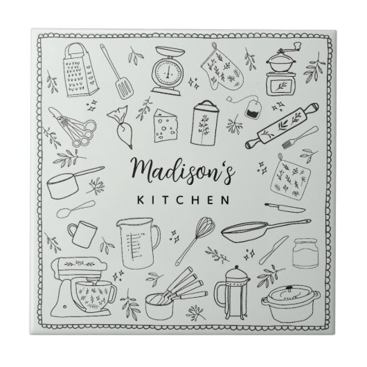Personalized Hand Drawn Kitchen Cooking Utensils  タイル (正面)