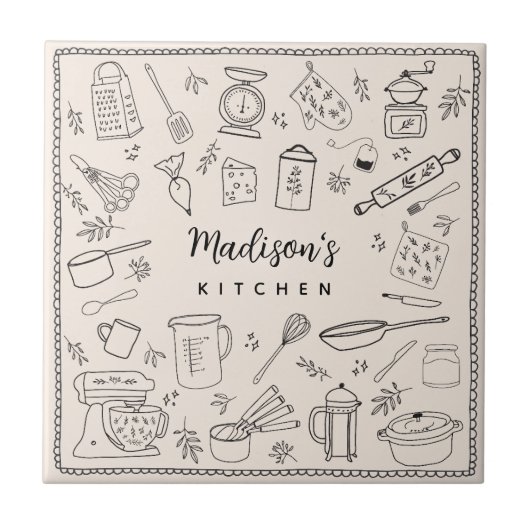 Personalized Hand Drawn Kitchen Cooking Utensils  タイル (正面)