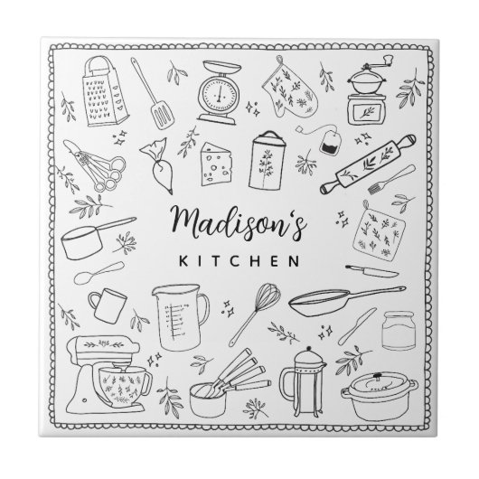 Personalized Hand Drawn Kitchen Cooking Utensils  タイル (正面)