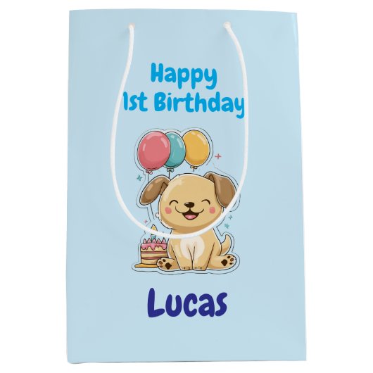Personalized Happy 1st Birthday Gift Wrap, Puppy,  ミディアムペーパーバッグ (正面)