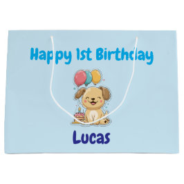Personalized Happy 1st Birthday Gift Wrap, Puppy,  ラージペーパーバッグ