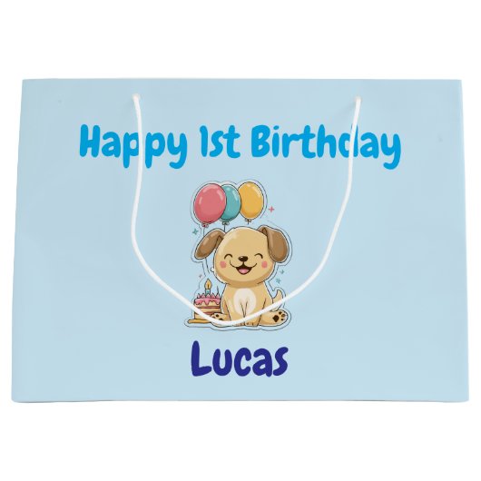 Personalized Happy 1st Birthday Gift Wrap, Puppy,  ラージペーパーバッグ (正面)