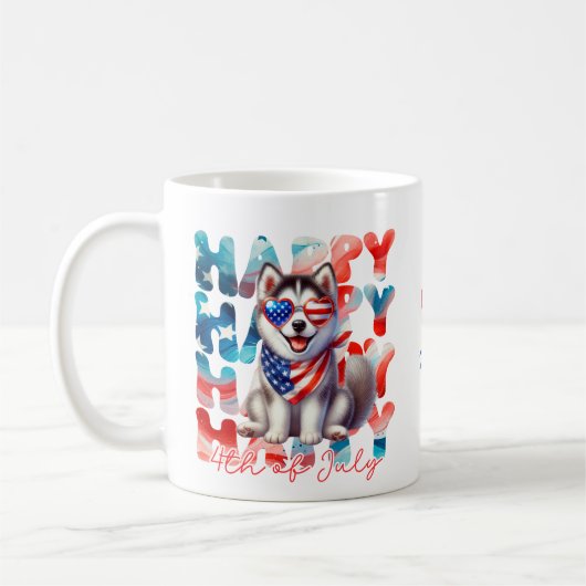 Personalized Happy 4th of July Husky Dog コーヒーマグカップ (左)