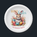 Personalized Happy Easter Bunny Eggs Family  ペーパープレート<br><div class="desc">Personalized Happy Easter Bunny Eggs Family Paper Plates. Celebrate Easter with this personalized watercolor design featuring a charming bunny, vibrant Easter eggs, and delicate spring flowers. Customize with your family name. Perfect for Easter baskets, home decor, or thoughtful gifts, this festive and cute design brings warmth and joy to your...</div>