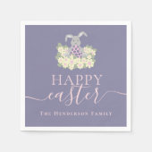 Personalized Happy Easter Cute Bunny Floral Purple スタンダードカクテルナプキン (正面)